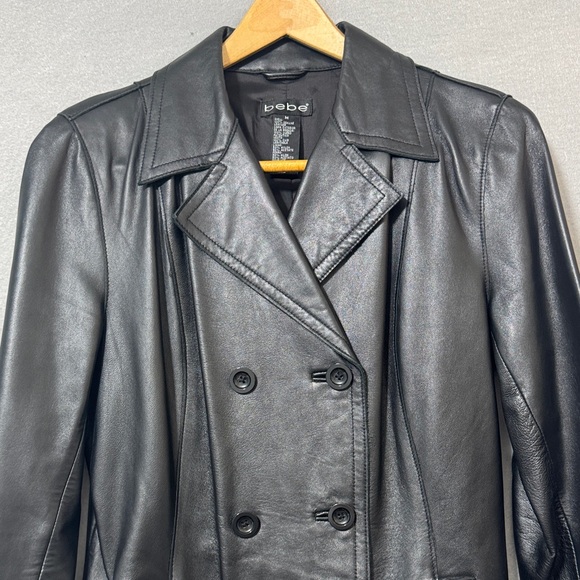 VTG BEBE BLACK LEATHER Double-Breasted COAT WOMENS MEDIUM JACKET Y2K - Picture 7 of 9